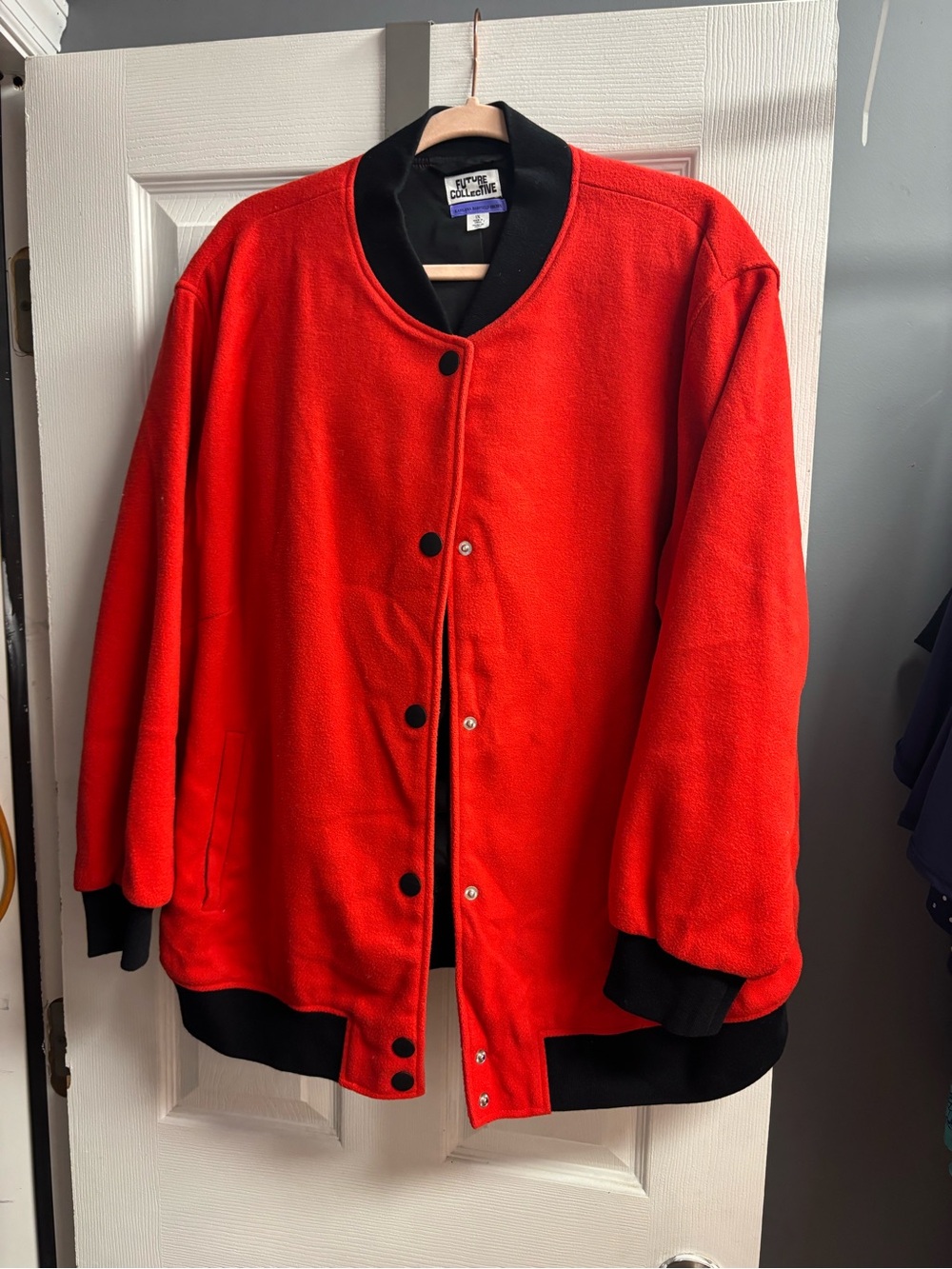 Red Fleece Bomber Jacket with Black Trim - Vintage Athletic Style
